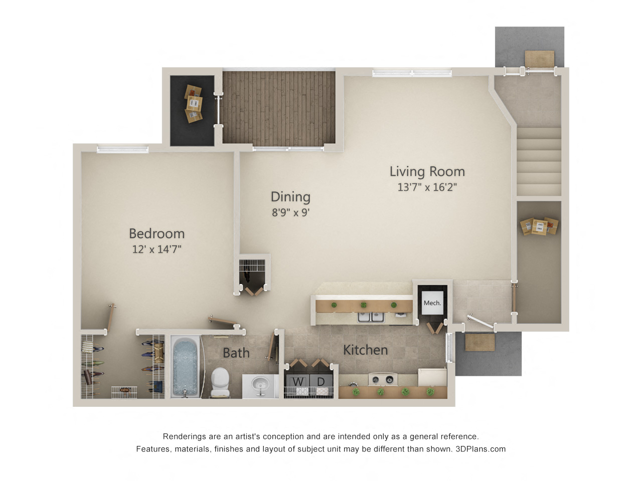 Floor plan for 1 bed, 1 bath, 820 sqft